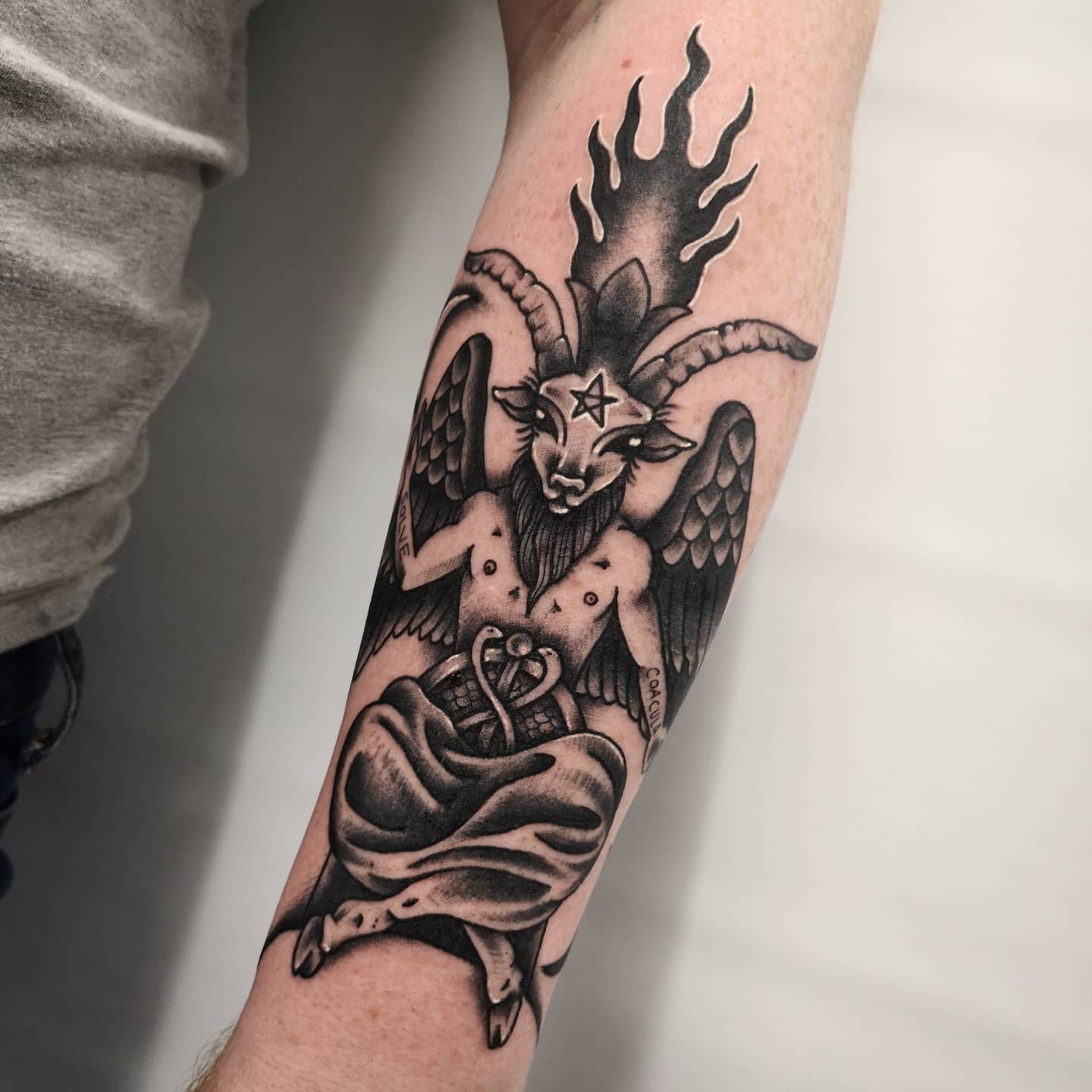 Black and gray tattoo of a winged goat with a pentagram on its forehead